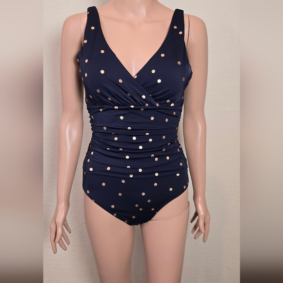Boden Other - Boden Amalfi Navy Blue Gold Polka Dots One Piece Bandeau Swimsuit Women’s Size 6